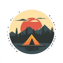 A mountain lake campsite with tent and forest silhouetted at sunset.