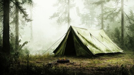 Misty forest camping scene