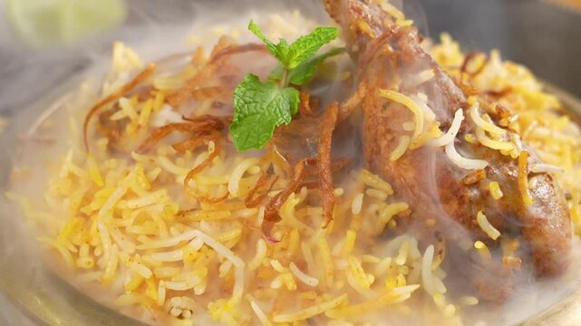 Macro close up shot of Hyderabadi chicken dum biryani, steaming hot biryani