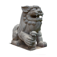 Fototapeta premium Isolated ancient stone Chinese lion sculpture, a monument of Asian art and culture Isolated on white background