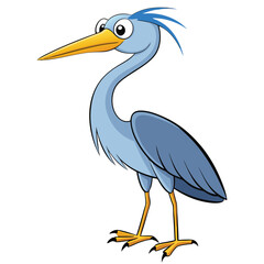 Light blue heron cartoon stands sideways displaying yellow beak and leg against white