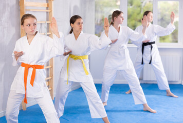 Group of teenage girls in kimono doing kata training in gym