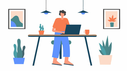Fototapeta premium Embracing remote work a modern professional finds focus amid plant filled home office with clean