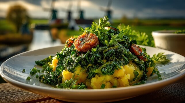 Delicious Dutch stamppot with kale and sausage against North Holland's flat farmland