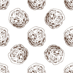 Hand drawn vintage seamless pattern of chocolate chip cookies in engraving sketch style in brown monochrome ink