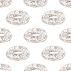 Hand drawn vintage seamless pattern of turkish simit bread ring in engraving sketch style in brown ink