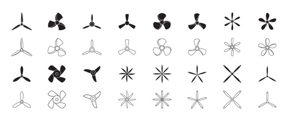 Boat and air propellers icons. Aircraft turbines silhouettes, rotor ventilators, marine screws, ship motor black elements, technology rotor symbol, electric fan, qualitative vector isolated set.
