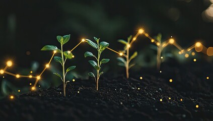 Young plants growing, illuminated by glowing dots,  suggesting growth and connection