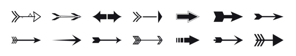 Arrow Illustration Pack, Arrow Icon Collection. Diverse Black Arrows for Directional Design, vector illustration
