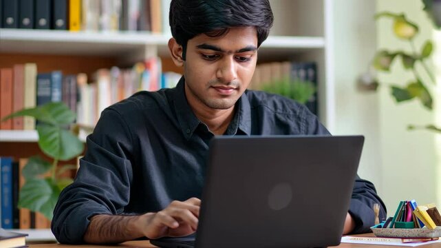 A young man engrossed in his work on a laptop computer. Concentrated expression, sitting at a desk with books and pencils suggesting studious activities.