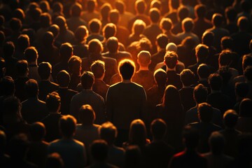 Large crowd viewed from above with one central figure illuminated in bright orange, creating strong contrast. Low lighting emphasizes crowd density. Neural network AI generated