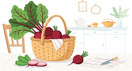 Beetroot illustration vector design, Beetroot in basket on table in kitchen vector design