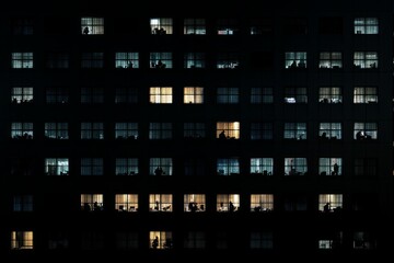 Nighttime cityscape featuring multi-story office building. Warm yellow lights illuminate windows, highlighting interior activity. Dark grid structure offers contrast. Neural network AI generated