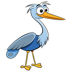 Cartoon heron standing with its big eyes and yellow legs, and large beak