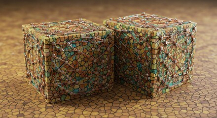 Obraz premium Two Mosaic Cubes with Wire Spheres on Stone Floor