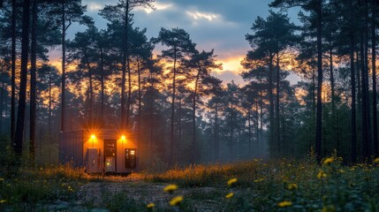 Obraz premium Small cabin in a misty forest at sunset
