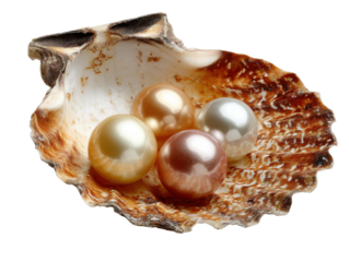 Coastal Treasure: A pristine seashell cradles a collection of luminous pearls, each showcasing a unique, iridescent hue, inviting the viewer to appreciate the delicate beauty of nature's artistry.