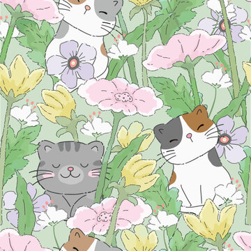 Cute kiten cat having fun in flower garden seamless background