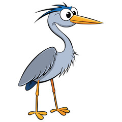 Whimsical heron cartoon character gazes playfully with bright orange beak and spindly yellow legs
