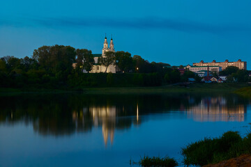 Incredible evening view of the city of Polotsk and St. Sophia Cathedral from the other bank of the Western Dvina River. Extremely long exposure and smooth water.