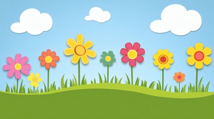 illustration cartoon simple meadow hill landscape blue sky and cloud flower and atmosphere
