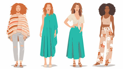 Four women in different outfits standing side by side with various hair colors and styles depicted here