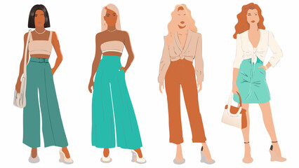 Four stylish women showcasing diverse fashion outfits with unique tops and wide leg pants or skirt styles