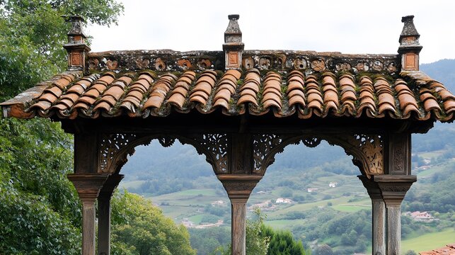Galician horreo with folk art carvings on wooden supports