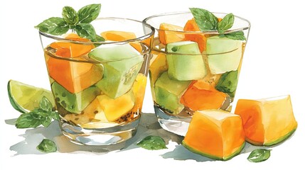 Summer Fruits Cocktail Colorful Cubes of Melon Refreshment.
