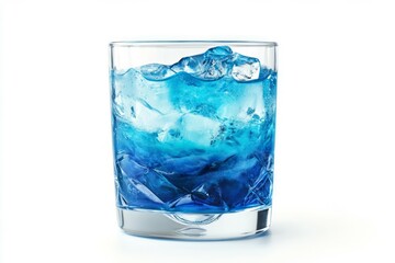 Glass filled with blue liquid and ice cubes on white background. Light reflects through ice, creating refreshing appearance. Image embodies coolness. Neural network AI generated
