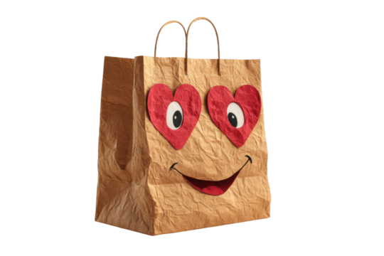 Paper bag with heart eyes isolated on transparent PNG background