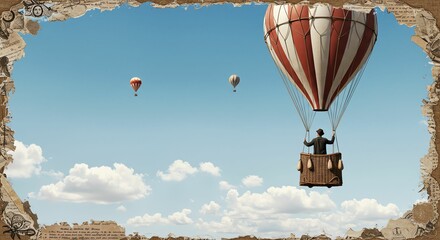 Hot Air Balloons Flying in Blue Sky with Vintage Frame