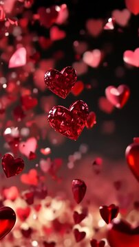 Red heart-shaped crystals floating in a dreamy background, creating a romantic atmosphere