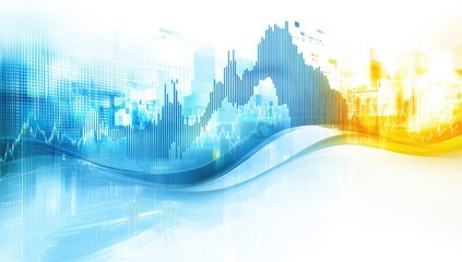 Abstract financial data visualization with vibrant color gradients and flowing lines, overlayed with stock market graphs and charts