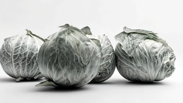 Three heads of cabbage are shown in a row. The cabbage heads are all different sizes. The largest cabbage head is in the middle of the row