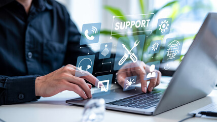 Obraz premium Businessman with hands typing on laptop keyboard in an office, working with technology and online data