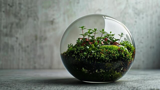 A small, terracotta spherical planter filled with thriving greenery. Ideal for indoors.