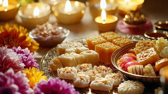 Diwali festival table with various Indian sweets