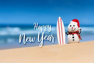 Happy New Year template design with a snowman on a beautiful beach, standing with a surf board.