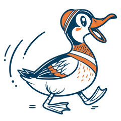 Playful cartoon duck enthusiastically walking, showcasing fun sporty orange and blue racing stripes