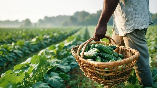 Farmer harvesting fresh cucumbers in lush green field at dawn