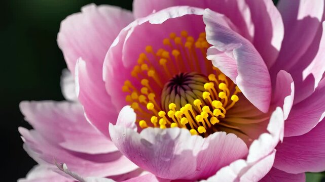Close-up of a beautiful pink peony flower with delicate water droplets, Vivid macro shot of a blooming pink peony, showcasing its soft petals, Elegant pink peony in full bloom with water beads a symbo