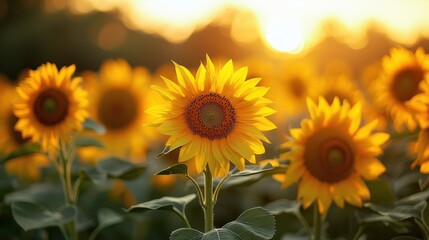 Obraz premium Golden sunflowers at sunset