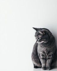 Gray cat sits against a plain white background.  Side profile, looking off to the side.  Soft lighting