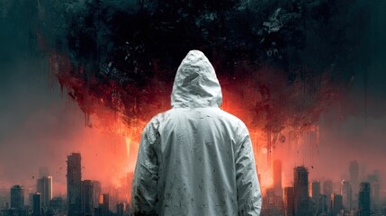 Obraz premium Person in a white outfit contemplates destruction in a devastated urban landscape
