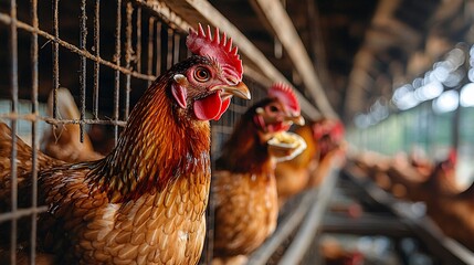 Rows of chicken cages filled with hens eating in a well-organized indoor farming environment