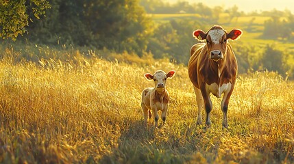 Heartwarming rural scene featuring a cow and her calf grazing together in a lush green grass pasture