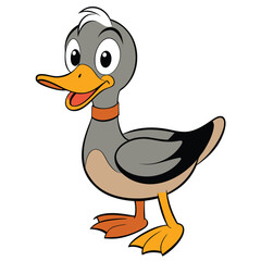 Cartoon duck smiles with gray feathers, orange collar, and matching bill standing on a white backdrop