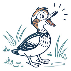 Cartoon duck stands on grass with its mouth open and radiating excitement