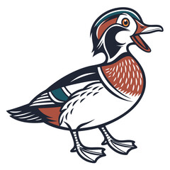 Unique wood duck with detailed features standing on its feet against a white backdrop